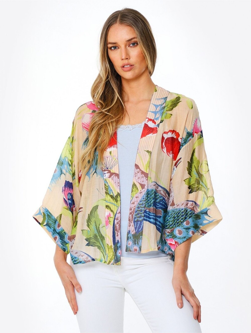 Floral & Peacock-Print Lightweight Kimono Jacket in Cream, Blue & Green